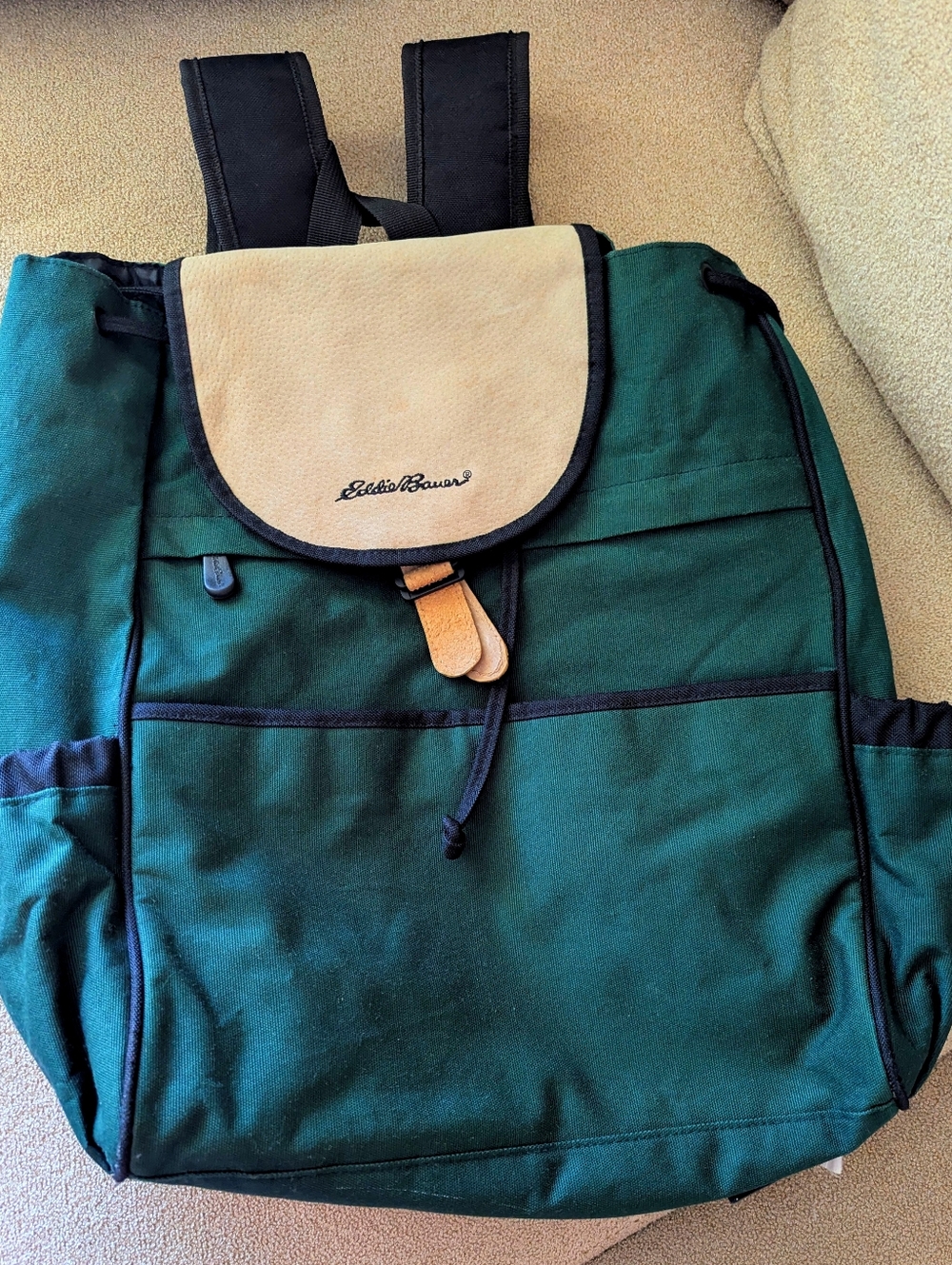 Eddie Bauer Forest Green Canvas Backpack with Tan Flap